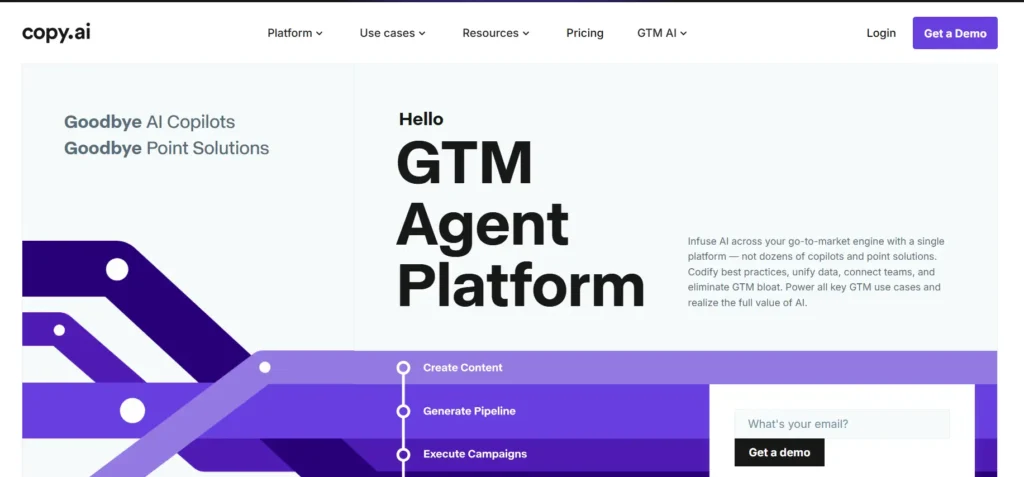 A screenshot of the Copy.ai website, showcasing their GTM Agent Platform. The page features the headlines "Hello GTM Agent Platform" and "Goodbye AI Copilots, Goodbye Point Solutions." Below the main headline, a description explains how the platform "Infuses AI across your go-to-market engine with a single platform." On the left, a purple and white abstract graphic with lines and circles flows from left to right, listing three steps: "Create Content," "Generate Pipeline," and "Execute Campaigns." The navigation bar at the top includes links for Platform, Use cases, Resources, Pricing, GTM AI, Login, and a "Get a Demo" button.
