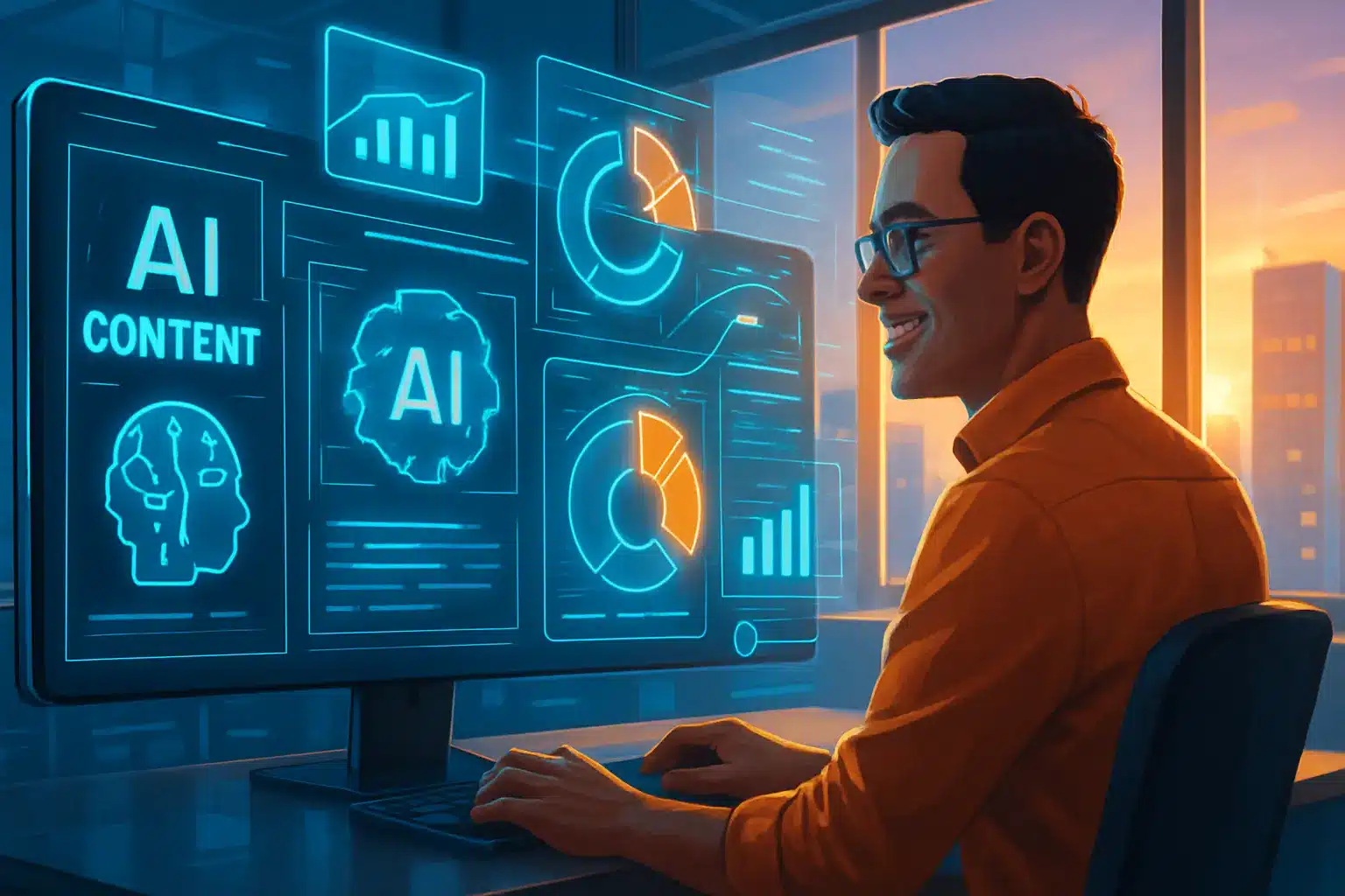 Hero image of a digital marketer using AI content creation tools with futuristic SEO analytics dashboard in a modern office, for 2025 marketing strategies