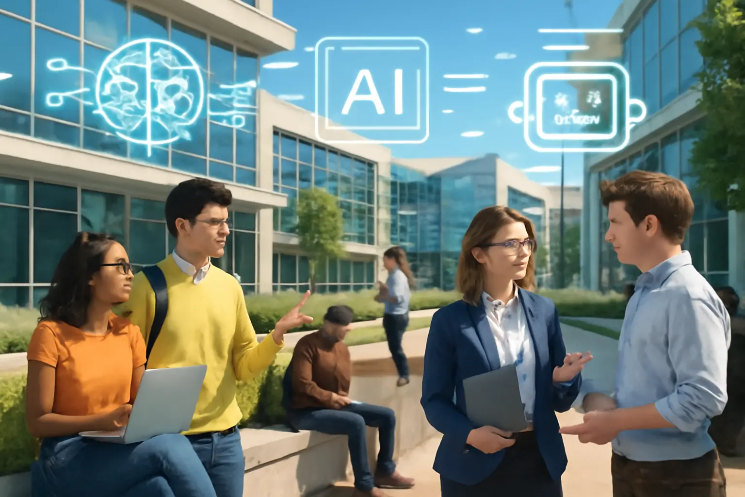 Modern university campus with students engaging and AI digital icons illustrating artificial intelligence integration in higher education settings