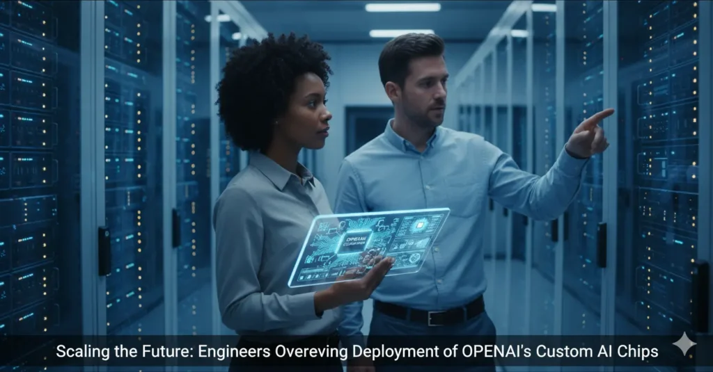 Two engineers, one man and one woman, are standing in a modern data center server room, filled with rows of glowing server racks. The man points towards a server cabinet, discussing a custom AI chip with an OpenAI logo that is visible on a circuit board within the rack. The woman holds a translucent tablet displaying analytical data. The scene conveys innovation, collaboration, and the large-scale deployment of advanced AI hardware.
