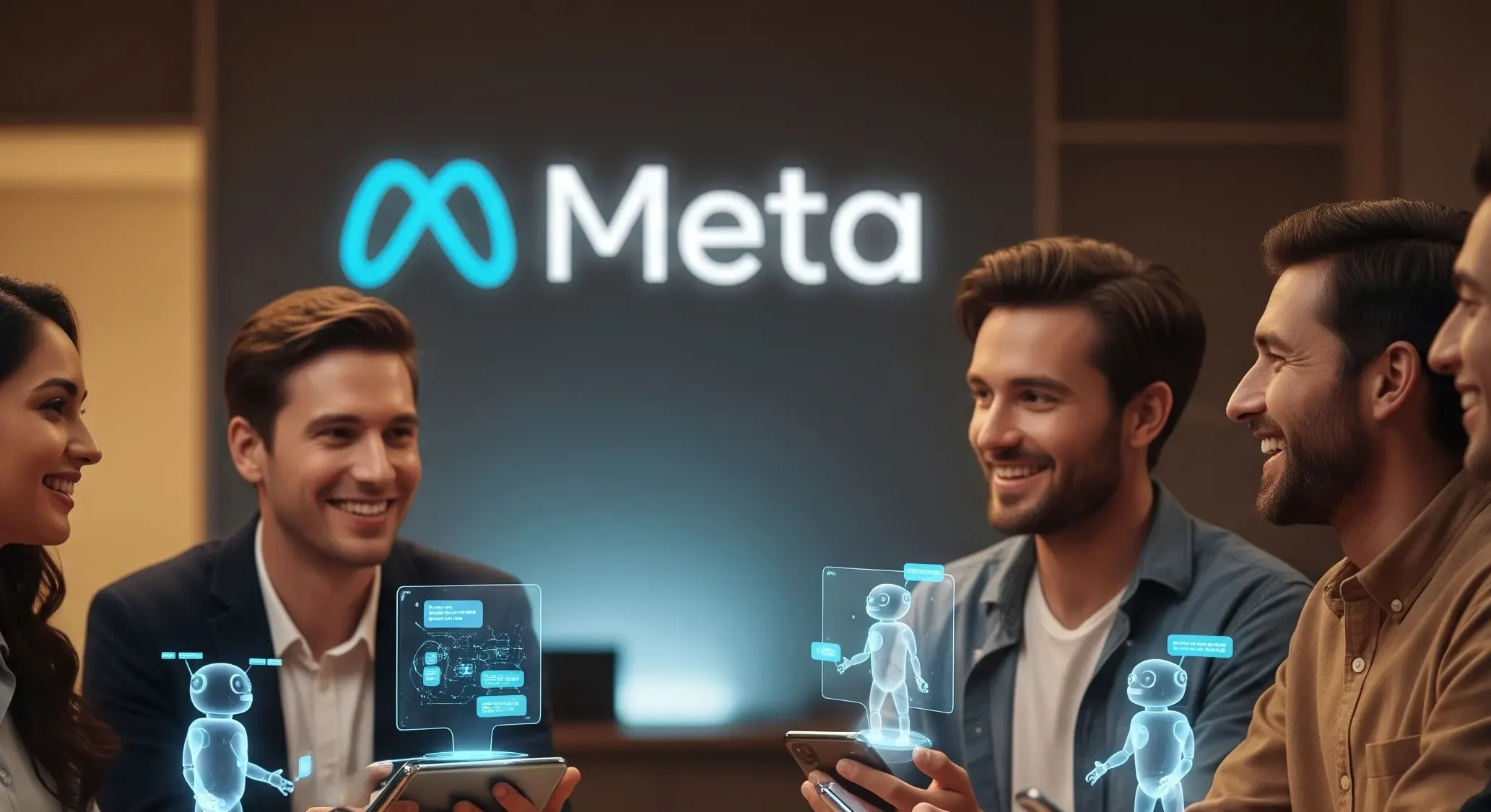 An image of a diverse group of people, including individuals from Indian, Mexican, and Indonesian backgrounds, interacting with personalized AI chatbots on their smartphones. The scene has a warm, futuristic feel, with subtle Meta branding and glowing AI interfaces that symbolize authentic cultural connection through technology.