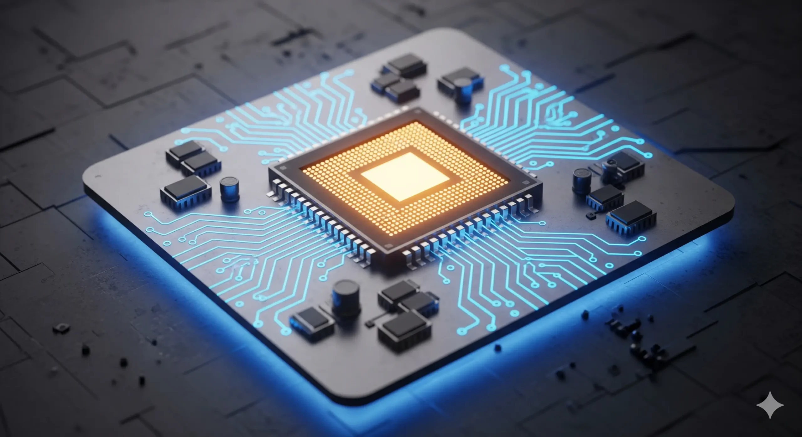 A close-up, high-angle view of a computer microchip. The chip is a metallic gray, with intricate, glowing circuits in blue and gold that spread across its surface like a complex network. The image symbolizes technological innovation and the core hardware powering artificial intelligence.