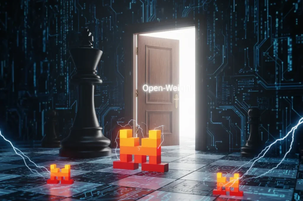 The official Mistral AI logo, a pixel-art style alien or creature in shades of red, orange, and yellow, against a backdrop of glowing circuit board lines and digital data streams. The image represents Mistral AI's role in the open-weight future of artificial intelligence.