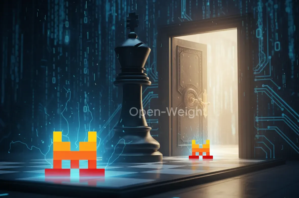 The official Mistral AI logo, a pixel-art style alien or creature in shades of red, orange, and yellow, against a clean white background. This image highlights Mistral AI as an innovative challenger in the artificial intelligence landscape.