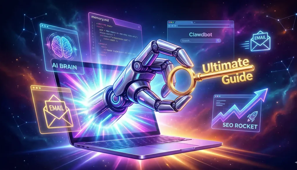 Clawdbot Ultimate Guide 2026 featured image: robotic claw from laptop with AI holograms, SEO rocket, neon cyberpunk glow